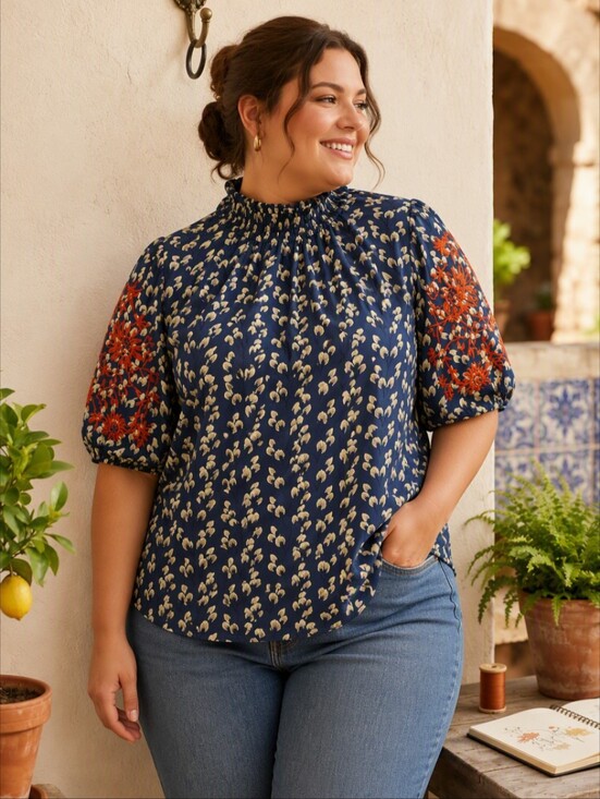 SHEIN Tops - SHEIN Boho Embroidered Puff Sleeve Blouse Blue Cream Floral Peasant Top